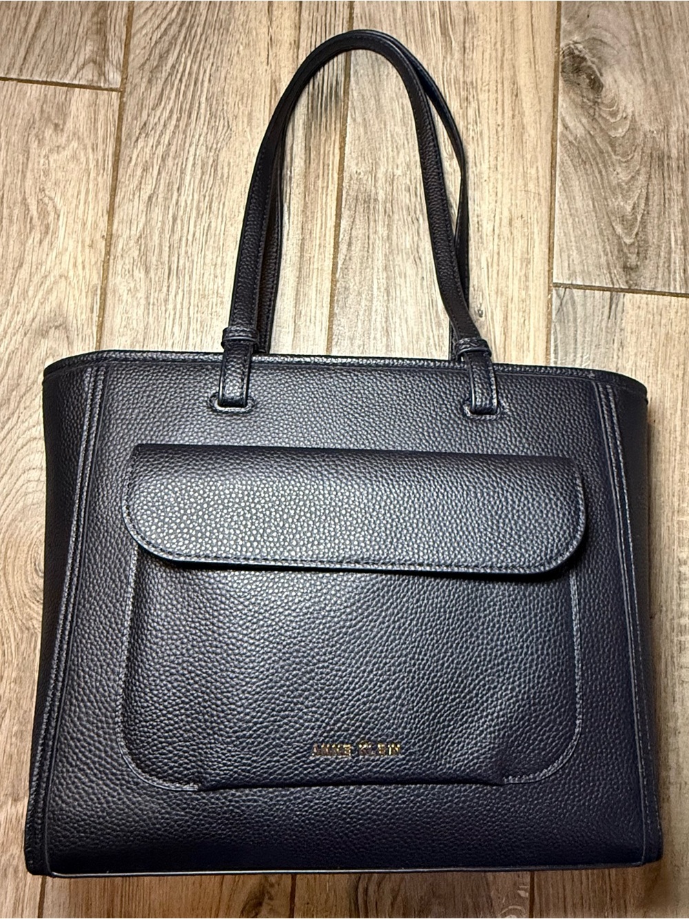Anne Klein Black Pebbled Leather Shoulder Tote with Front Pocket